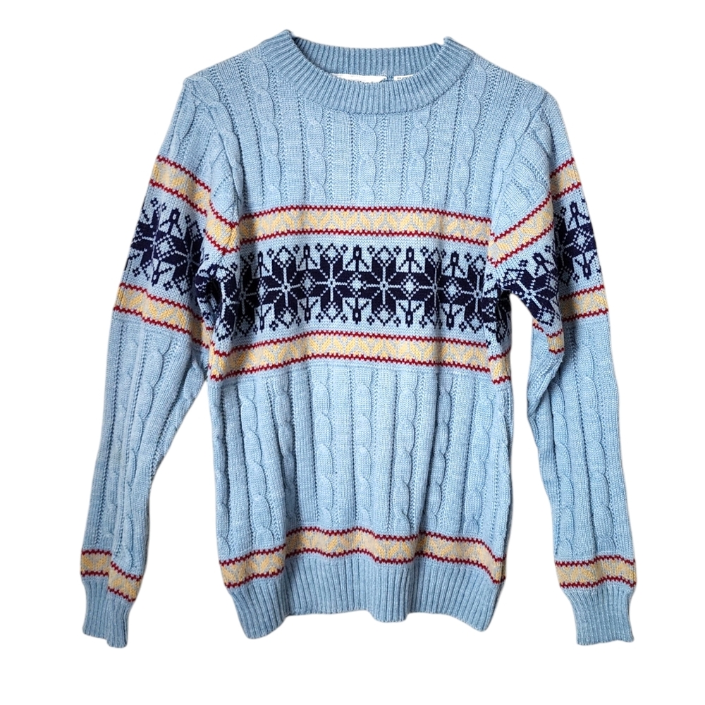 KENTFIELD x VINTAGE 70's fair isle knit sweater cable knit in blue size M